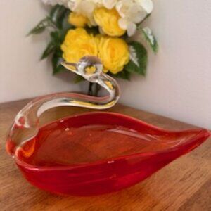 Hand Blown‎ Glass Swan Dish Vintage Red Orange Bowl with Clear Neck Mid Century